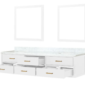 Castor 84W x 22D White Double Bath Vanity, Carrara Marble Top, and 36Mirrors