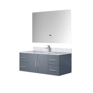 Geneva 48 in. W x 22 in. D Dark Grey Bath Vanity, Carrara Marble Top, Faucet Set, and 48 in. LED Mirror