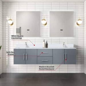 Geneva 72 in. W x 22 in. D Dark Grey Double Bath Vanity and White Quartz Top