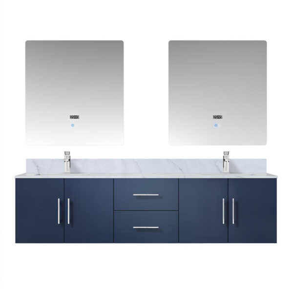 Geneva 72 in. W x 22 in. D Navy Blue Double Bath Vanity, Carrara Marble Top, Faucet Set, and 30 in. LED Mirrors