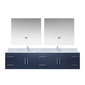 Geneva 84 in. W x 22 in. D Navy Blue Double Bath Vanity, Carrara Marble Top, Faucet Set, and 36 in. LED Mirrors