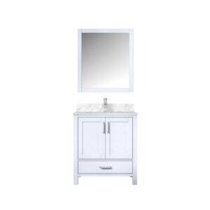 Jacques 30 in. W x 22 in. D White Bath Vanity, Carrara Marble Top, Faucet Set, and 28 in. Mirror