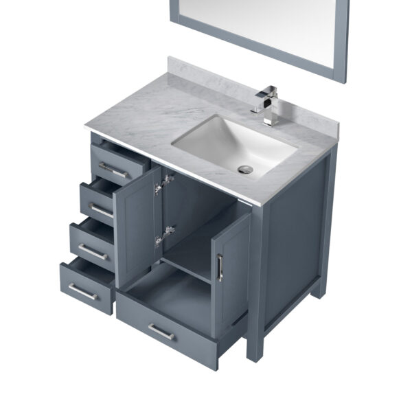 Jacques 36 in. W x 22 in. D Right Offset Dark Grey Bath Vanity, Carrara Marble Top, Faucet Set, and 34 in. Mirrors