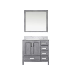 Jacques 36 in. W x 22 in. D Left Offset Distressed Grey Bath Vanity, Carrara Marble Top, and 34 in. Mirrors