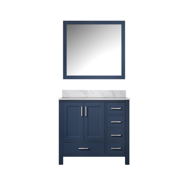 Jacques 36 in. W x 22 in. D Left Offset Navy Blue Bath Vanity, Carrara Marble Top, and 34 in. Mirrors
