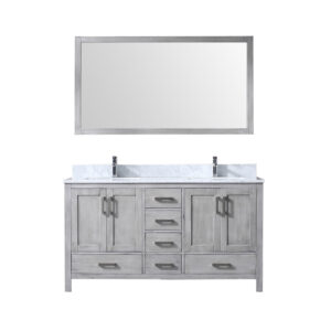 Jacques 60 in. W x 22 in. D Distressed Grey Double Bath Vanity, Carrara Marble Top, Faucet Set, and 58 in. Mirror