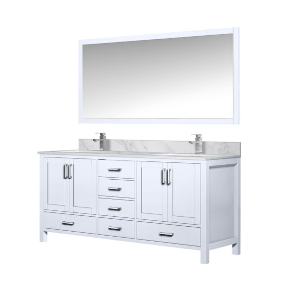 Jacques 72 in. W x 22 in. D White Double Bath Vanity, Carrara Marble Top, Faucet Set, and 28 in. Mirror