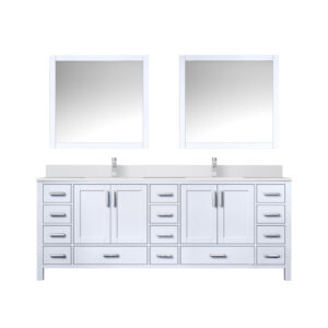 Jacques 84 in. W x 22 in. D White Bath Vanity, Cultured Marble Top, Faucet Set, and 34 in. Mirror