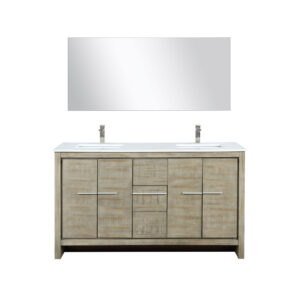 Lafarre 60W x 20D Rustic Acacia Double Bath Vanity, Cultured Marble Top, Brushed Nickel Faucet Set and 55Mirror