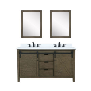 Marsyas 60W x 22D Rustic Brown Double Bath Vanity, Cultured Marble Countertop, Faucet Set and 24Mirrors