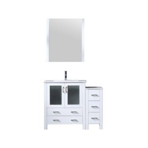 Volez 42W x 18.25D White Bath Vanity with Side Cabinet, Faucet Set, White Ceramic Top, and 28Mirror