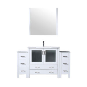 Volez 60W x 18.25D White Bath Vanity with Side Cabinets, Faucet Set, White Ceramic Top, and 34Mirror