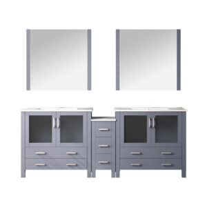 Volez 84W x 18.25D Dark Grey Double Bath Vanity with Side Cabinet, White Ceramic Top, and 34Mirrors