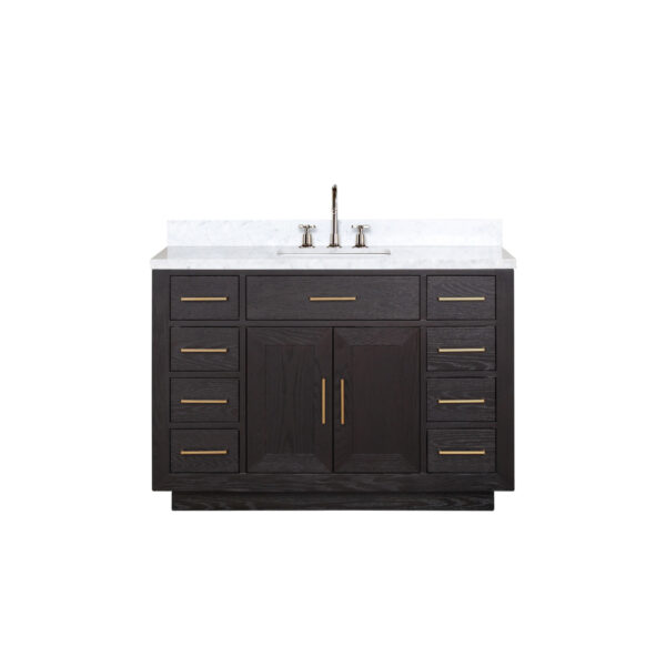 Abbey 48W x 22D Black Oak Single Bath Vanity, Carrara Marble Top, and Faucet Set