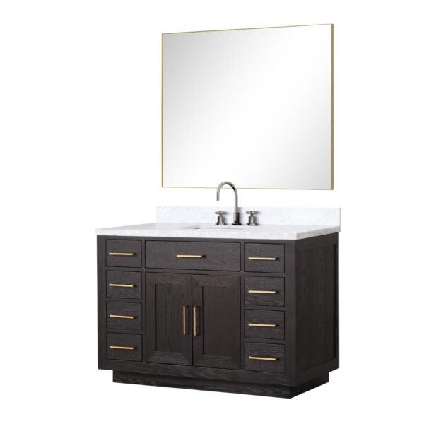 Abbey 48W x 22D Black Oak Single Bath Vanity, Carrara Marble Top, Faucet Set, and 46Mirror
