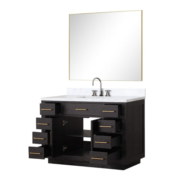 Abbey 48W x 22D Black Oak Single Bath Vanity, Carrara Marble Top, Faucet Set, and 46Mirror
