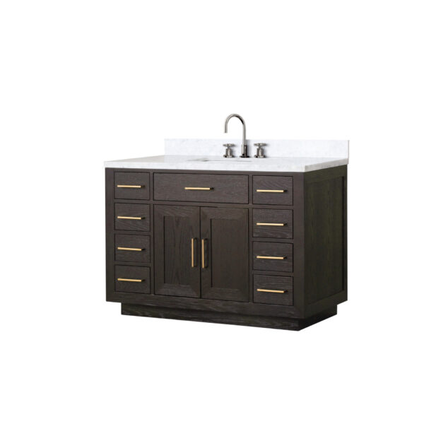 Abbey 48W x 22D Brown Oak Single Bath Vanity, Carrara Marble Top, and Faucet Set