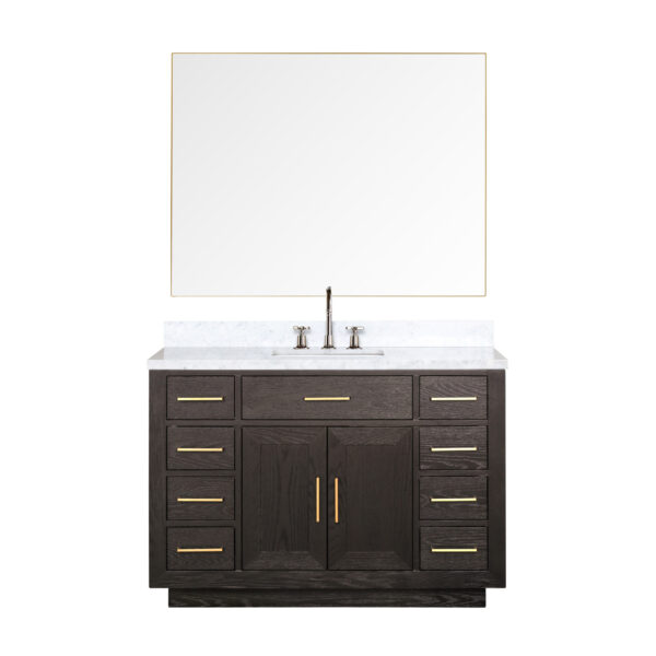 Abbey 48W x 22D Brown Oak Single Bath Vanity, Carrara Marble Top, Faucet Set, and 46Mirror