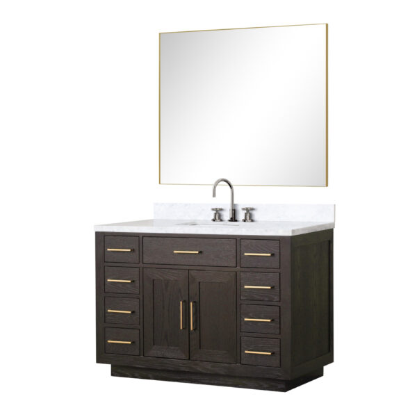 Abbey 48W x 22D Brown Oak Single Bath Vanity, Carrara Marble Top, Faucet Set, and 46Mirror