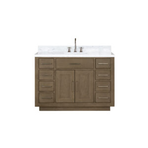 Abbey 48W x 22D Grey Oak Single Bath Vanity, Carrara Marble Top, and Faucet Set