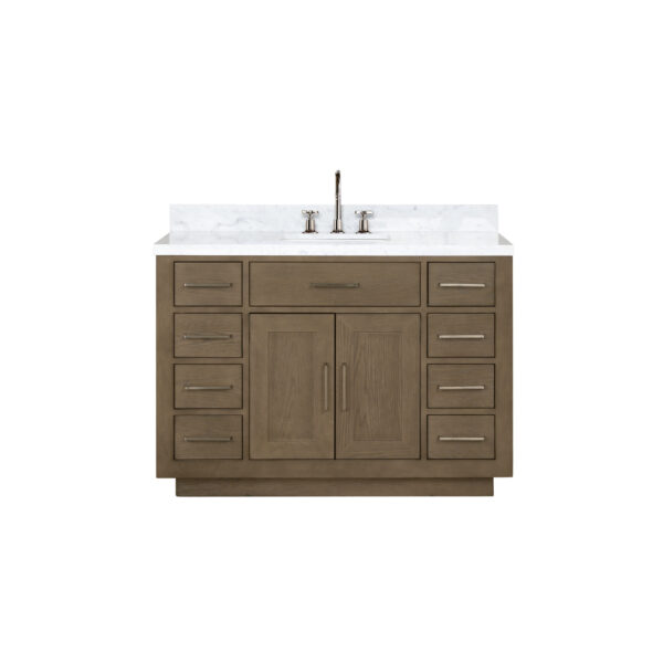 Abbey 48W x 22D Grey Oak Single Bath Vanity, Carrara Marble Top, and Faucet Set