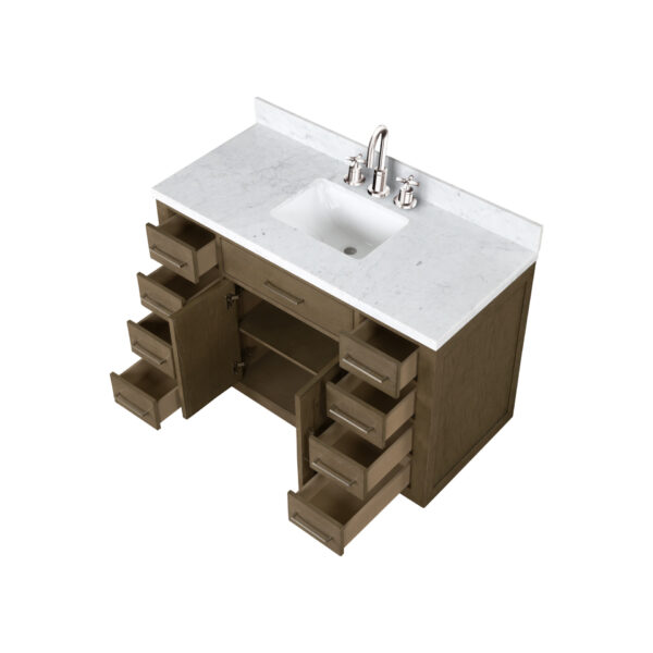 Abbey 48W x 22D Grey Oak Single Bath Vanity, Carrara Marble Top, and Faucet Set