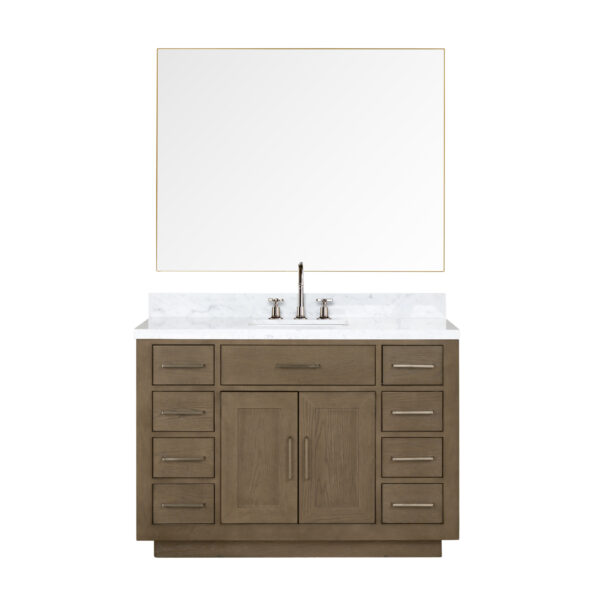 Abbey 48W x 22D Grey Oak Single Bath Vanity, Carrara Marble Top, Faucet Set, and 46Mirror