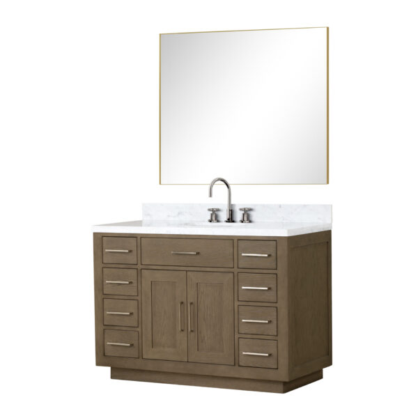 Abbey 48W x 22D Grey Oak Single Bath Vanity, Carrara Marble Top, Faucet Set, and 46Mirror