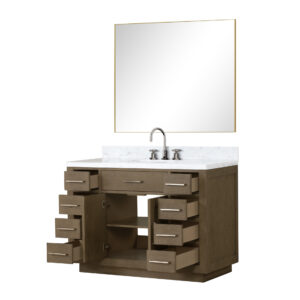 Abbey 48W x 22D Grey Oak Single Bath Vanity, Carrara Marble Top, Faucet Set, and 46Mirror