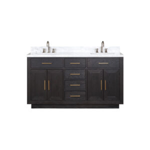 Abbey 60W x 22D Black Oak Double Bath Vanity, Carrara Marble Top, and Faucet Set