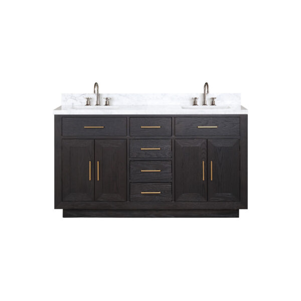 Abbey 60W x 22D Black Oak Double Bath Vanity, Carrara Marble Top, and Faucet Set