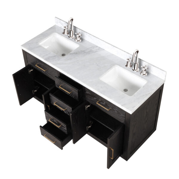 Abbey 60W x 22D Black Oak Double Bath Vanity, Carrara Marble Top, and Faucet Set