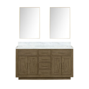 Abbey 60W x 22D Grey Oak Double Bath Vanity, Carrara Marble Top, and 28Mirrors