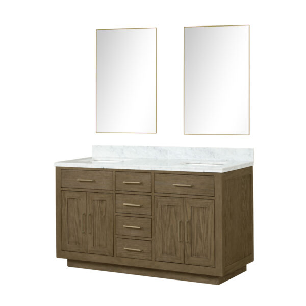 Abbey 60W x 22D Grey Oak Double Bath Vanity, Carrara Marble Top, and 28Mirrors