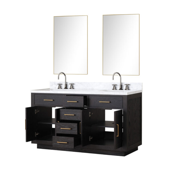 Abbey 60W x 22D Black Oak Double Bath Vanity, Carrara Marble Top, Faucet Set, and 28Mirrors