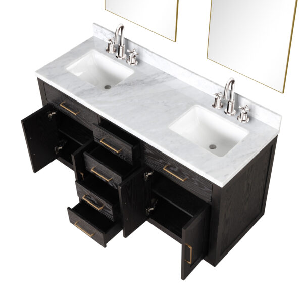 Abbey 60W x 22D Black Oak Double Bath Vanity, Carrara Marble Top, Faucet Set, and 28Mirrors