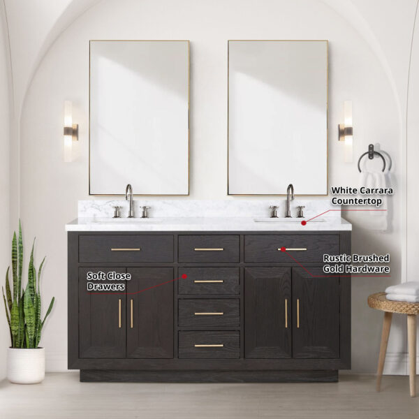 Abbey 60W x 22D Black Oak Double Bath Vanity and Carrara Marble Top