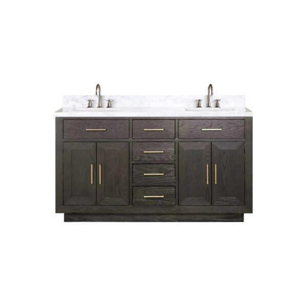 Abbey 60W x 22D Brown Oak Double Bath Vanity, Carrara Marble Top, and Faucet Set