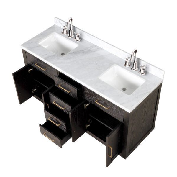 Abbey 60W x 22D Brown Oak Double Bath Vanity, Carrara Marble Top, and Faucet Set