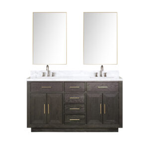 Abbey 60W x 22D Brown Oak Double Bath Vanity, Carrara Marble Top, Faucet Set, and 28Mirrors