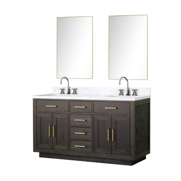 Abbey 60W x 22D Brown Oak Double Bath Vanity, Carrara Marble Top, Faucet Set, and 28Mirrors