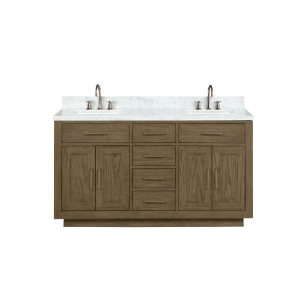 Abbey 60W x 22D Grey Oak Double Bath Vanity, Carrara Marble Top, and Faucet Set