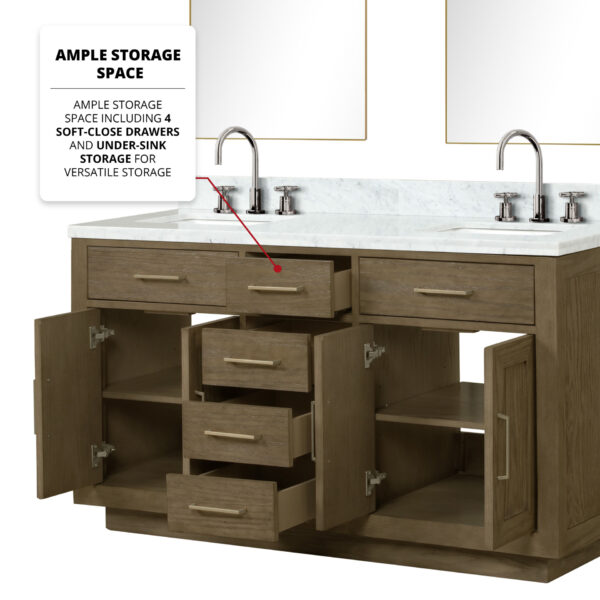 Abbey 60W x 22D Grey Oak Double Bath Vanity and Carrara Marble Top