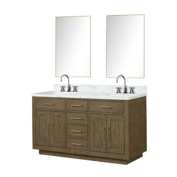 Abbey 60W x 22D Grey Oak Double Bath Vanity, Carrara Marble Top, Faucet Set, and 28Mirrors