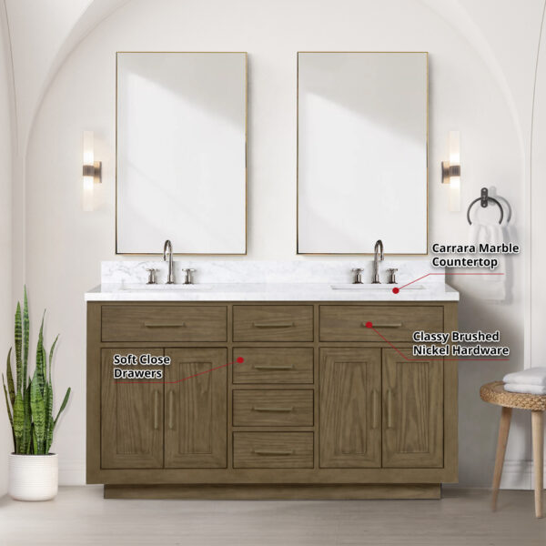 Abbey 60W x 22D Grey Oak Double Bath Vanity and Carrara Marble Top