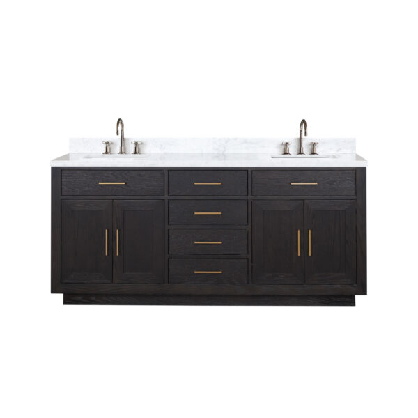 Abbey 72W x 22D Black Oak Double Bath Vanity, Carrara Marble Top, and Faucet Set