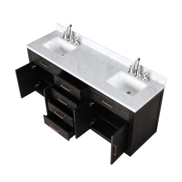 Abbey 72W x 22D Black Oak Double Bath Vanity, Carrara Marble Top, and Faucet Set