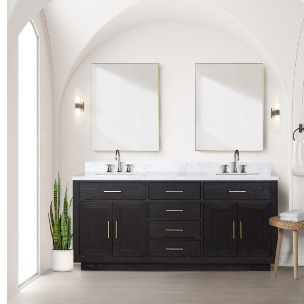 Abbey 72W x 22D Black Oak Double Bath Vanity and Carrara Marble Top