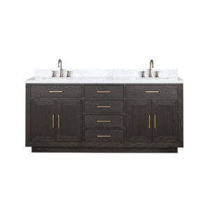 Abbey 72W x 22D Brown Oak Double Bath Vanity, Carrara Marble Top, and Faucet Set