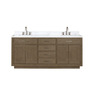 Abbey 72W x 22D Grey Oak Double Bath Vanity, Carrara Marble Top, and Faucet Set